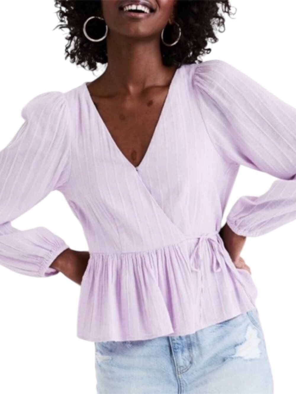 American Eagle Lavender Pastel Textured Long Sleeve Spring Peplum Wrap Blouse
